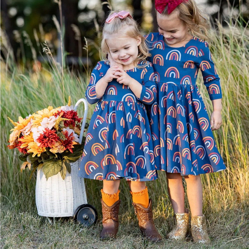 OLLIE JAY Autumn Navy Rainbow Swing Twirl Scoop Neck Dress 18/24 Months